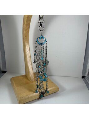 5 Strand Silver Tone & Turquoise Beaded Bag Charm With Dangling Beads Rhinestone